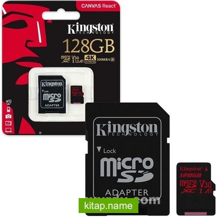 Kingston 128Gb Mıcrosdxc Canvas React 100R/80W U3 Uhs-I V30 A1 Card + Sd Adaptör Sdcr/128Gb
